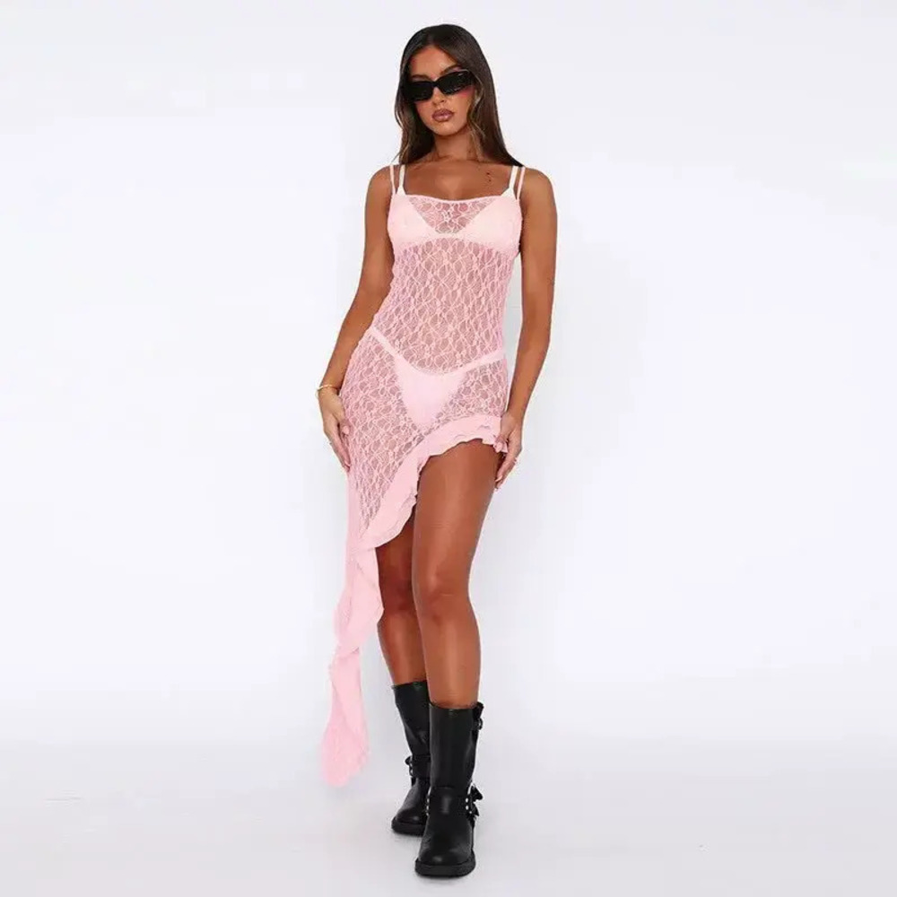Zara Lace Strap Sheer Asymmetric High Slit Dress